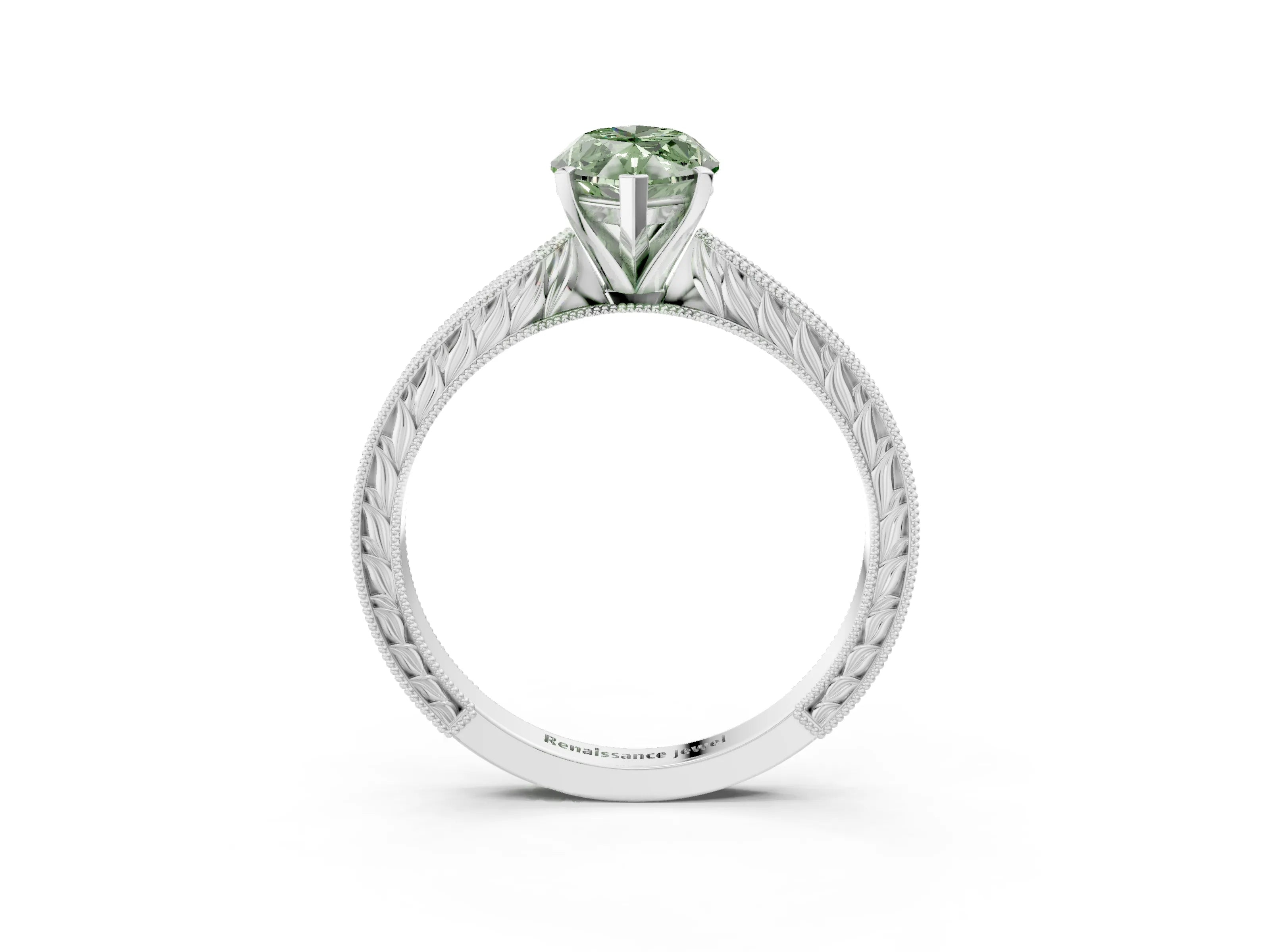 White gold Fancy Green Marquise Cut Solitaire Milgrain Engraved Band with Four-Prong Setting_15