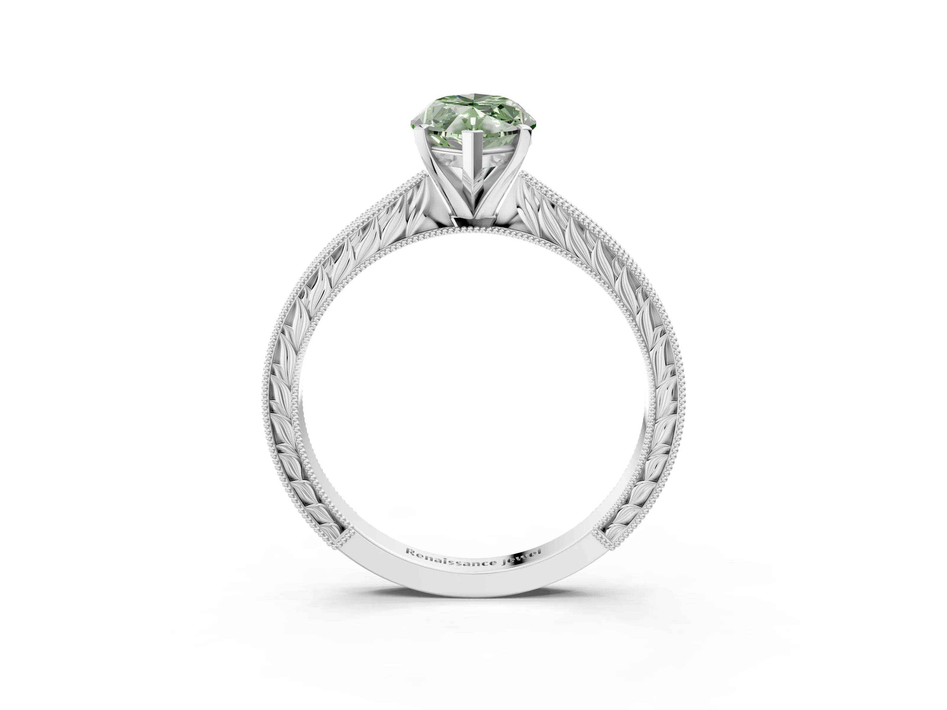 White gold Fancy Green Marquise Cut Solitaire Milgrain Engraved Band with Four-Prong Setting_3