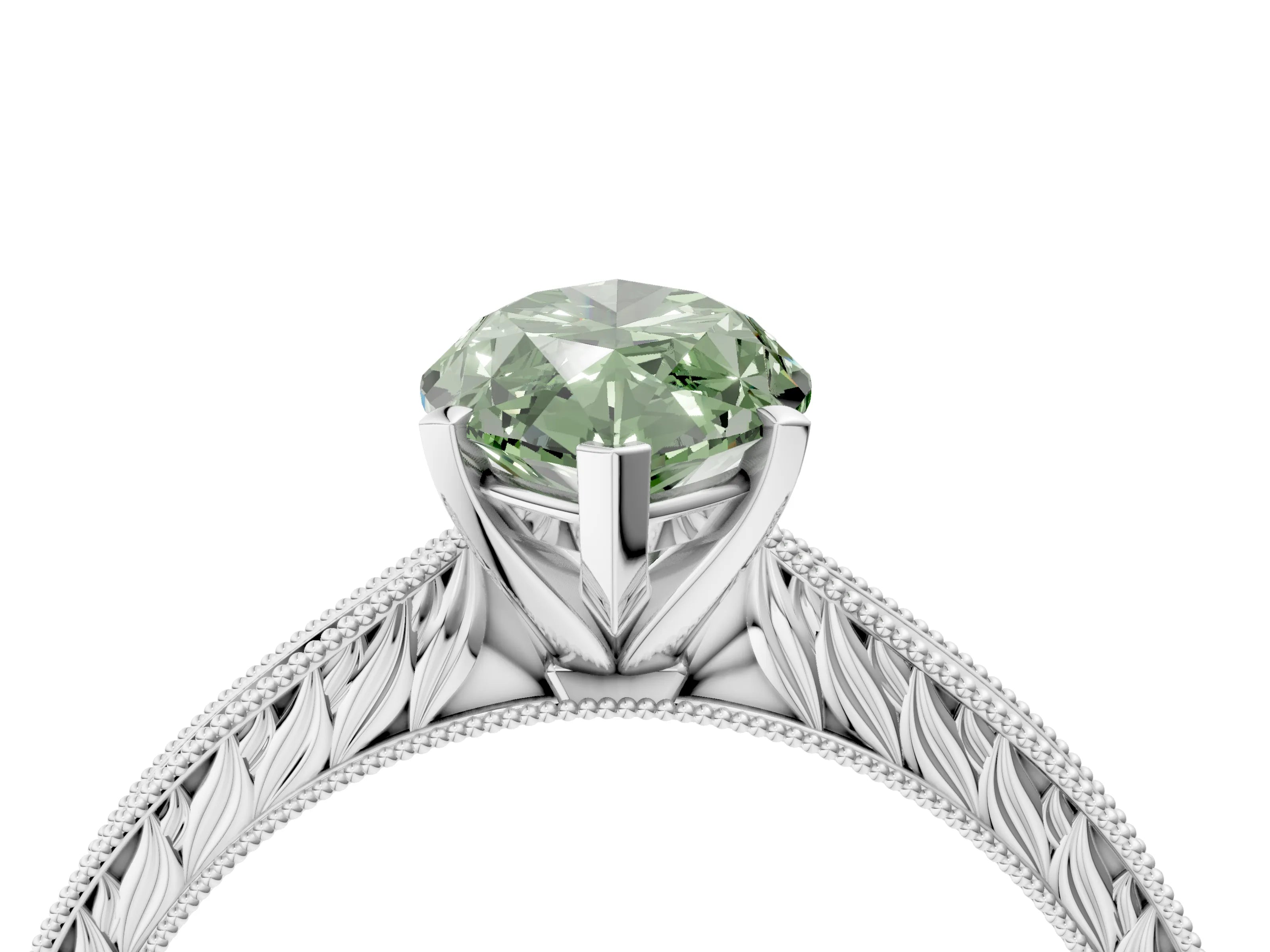 White gold Fancy Green Marquise Cut Solitaire Milgrain Engraved Band with Four-Prong Setting_4