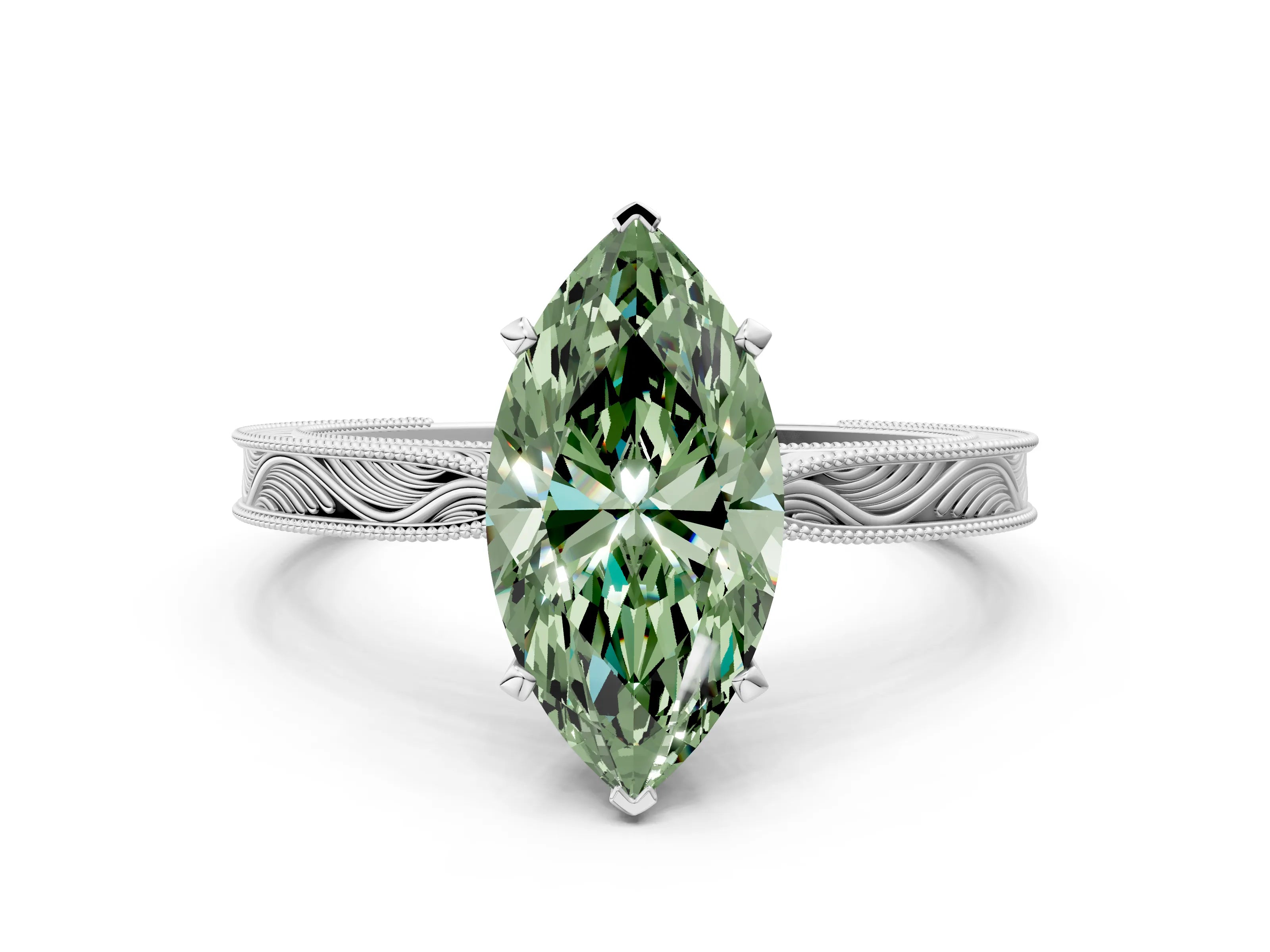 White gold Fancy Green Marquise Cut Solitaire Milgrain Engraved Band with Four-Prong Setting