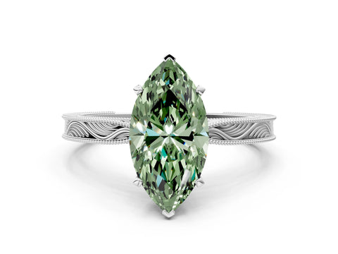 White gold Fancy Green Marquise Cut Solitaire Milgrain Engraved Band with Four-Prong Setting