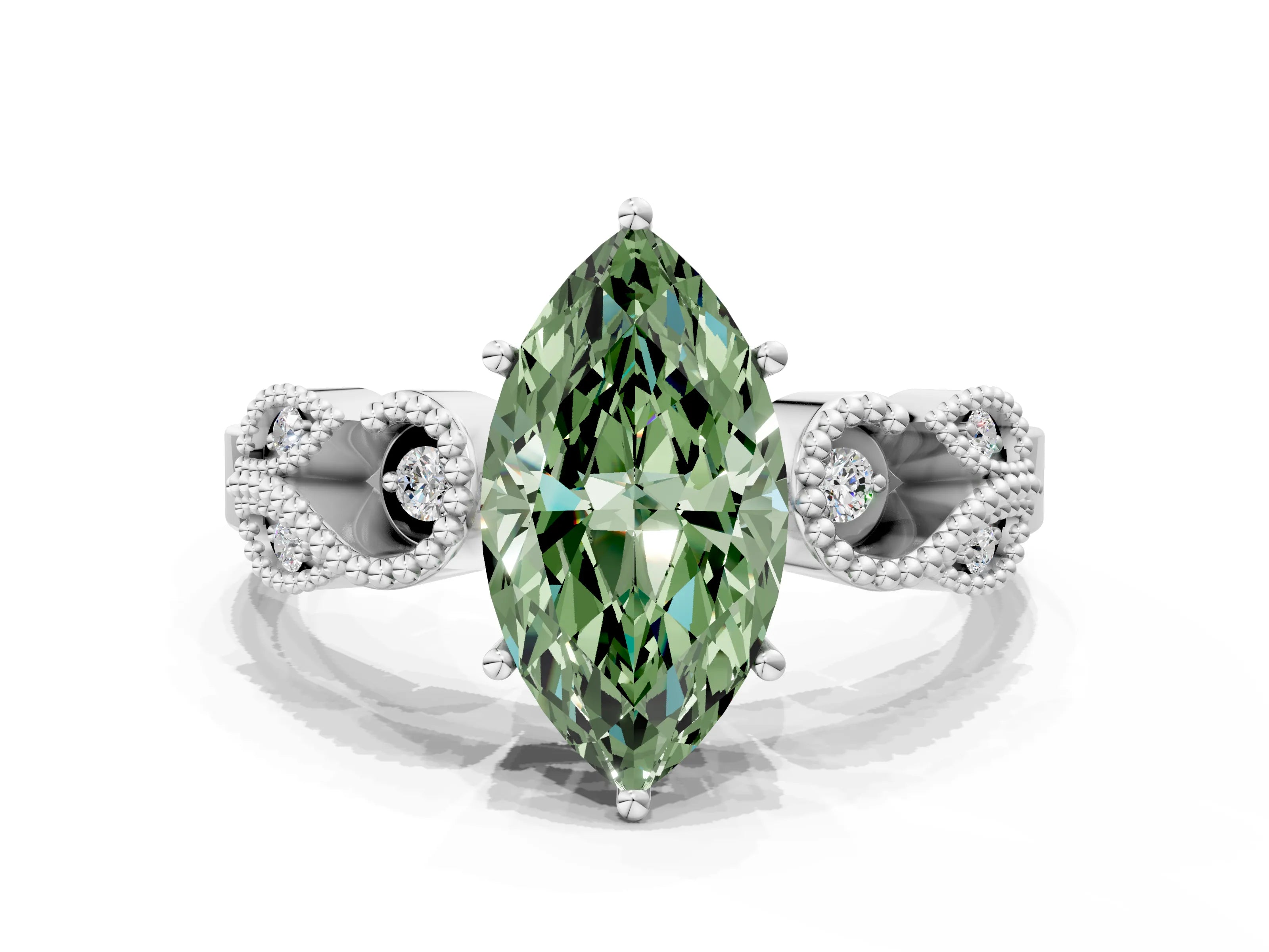 White gold Fancy Green Marquise Cut Solitaire Milgrain Leaf Band with Prong Setting_12