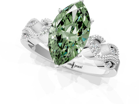White gold Fancy Green Marquise Cut Solitaire Milgrain Leaf Band with Prong Setting_13