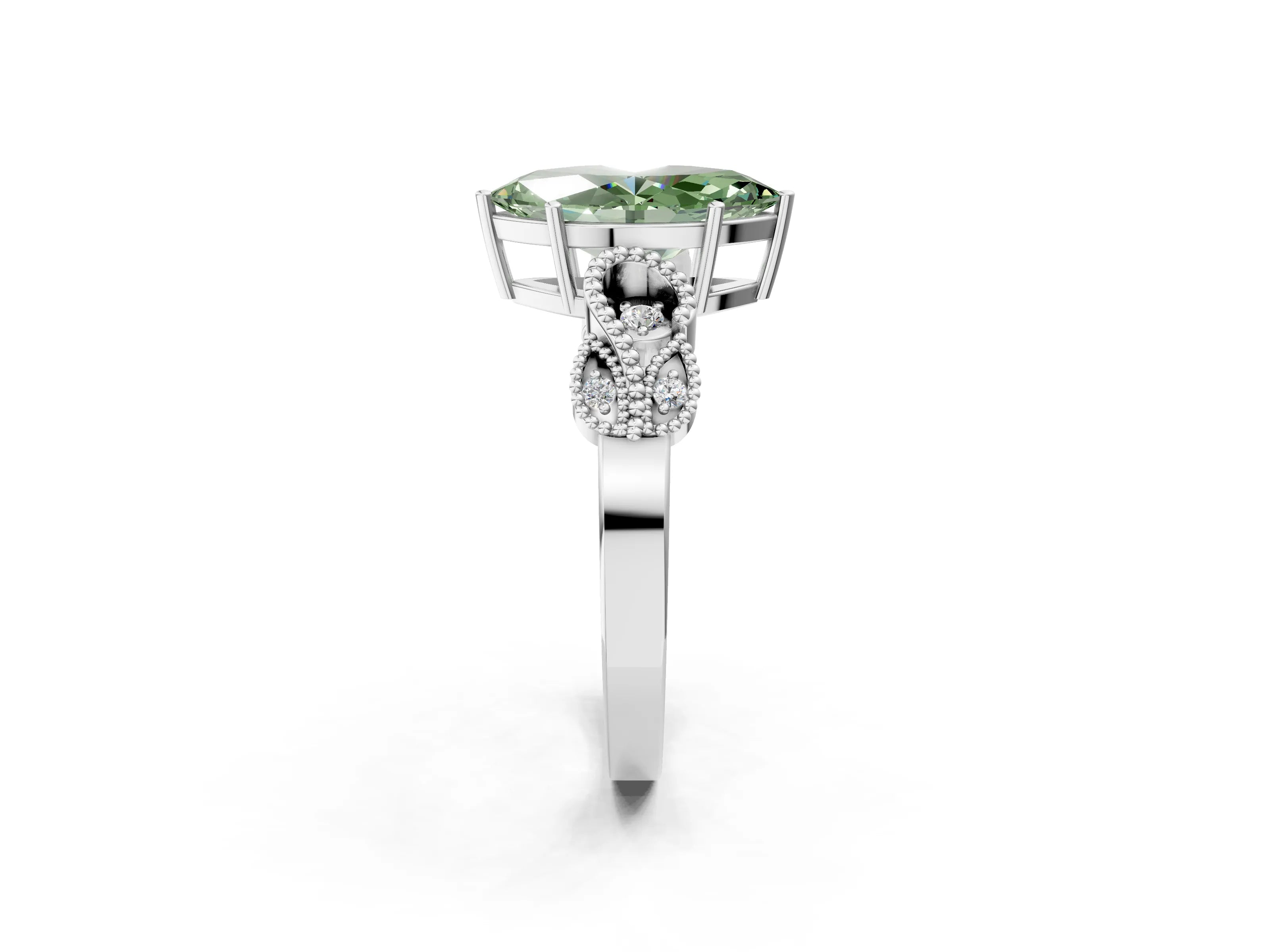 White gold Fancy Green Marquise Cut Solitaire Milgrain Leaf Band with Prong Setting_14