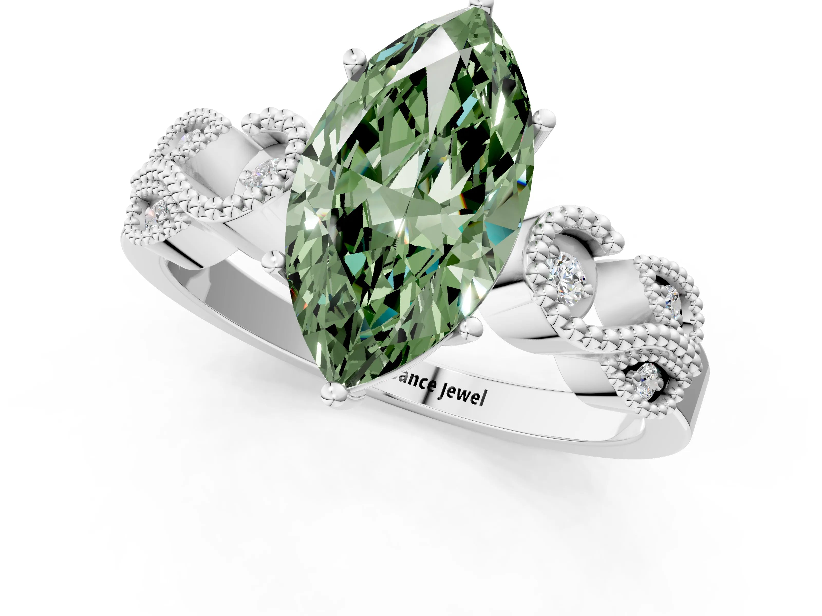 White gold Fancy Green Marquise Cut Solitaire Milgrain Leaf Band with Prong Setting_1