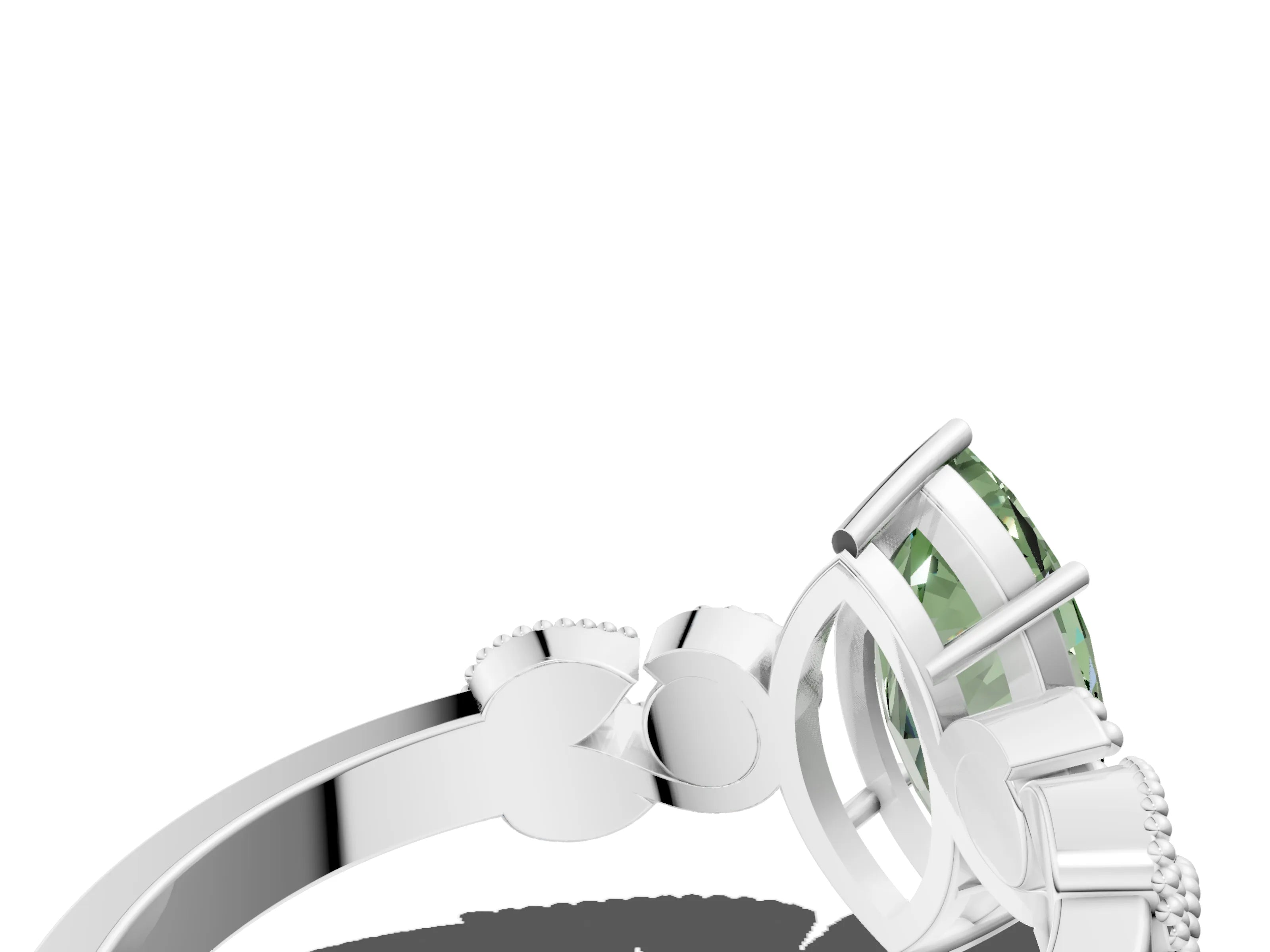 White gold Fancy Green Marquise Cut Solitaire Milgrain Leaf Band with Prong Setting