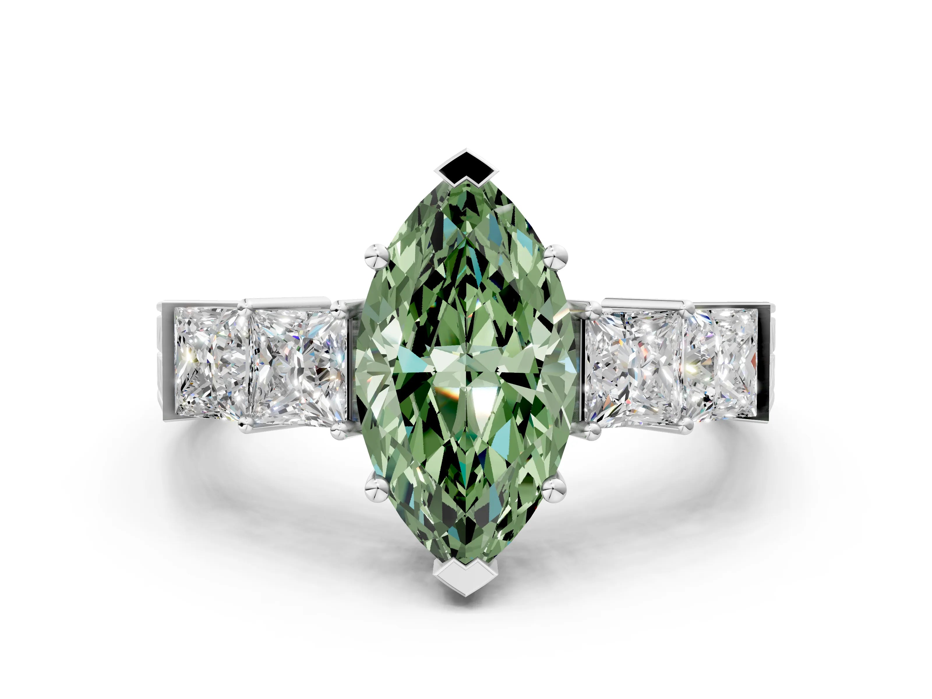 White gold Fancy Green Marquise Cut Solitaire Princess Side Stone Engraved Band Prong Setting Ring