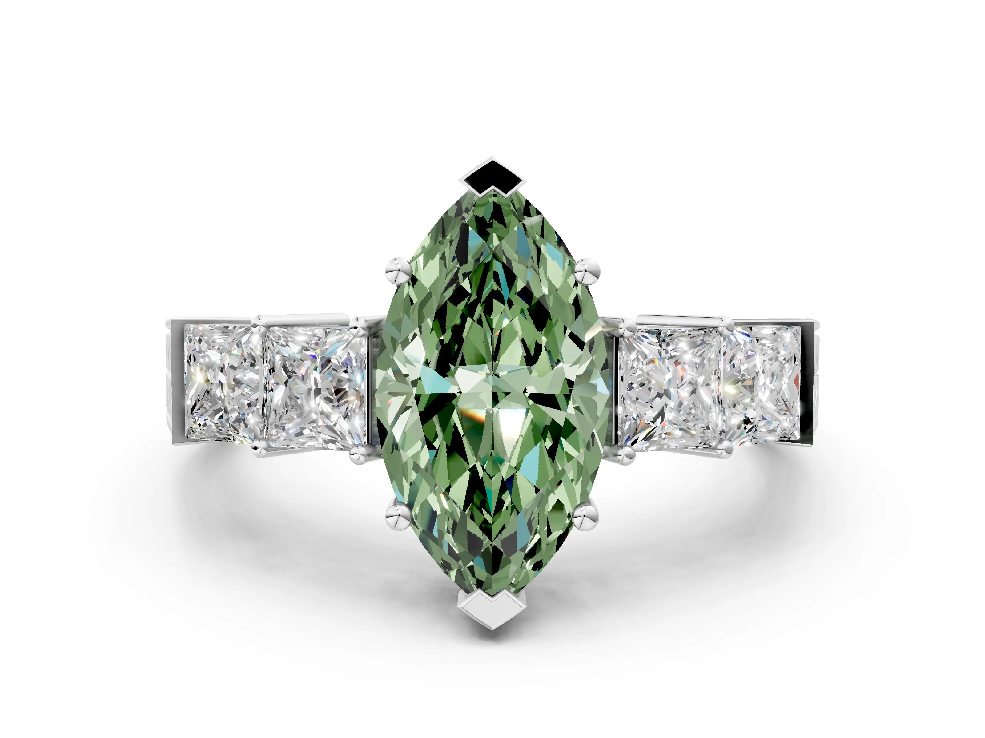White gold Fancy Green Marquise Cut Solitaire Princess Side Stone Engraved Band Prong Setting Ring_12