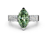 White gold Fancy Green Marquise Cut Solitaire Princess Side Stone Engraved Band Prong Setting Ring_12
