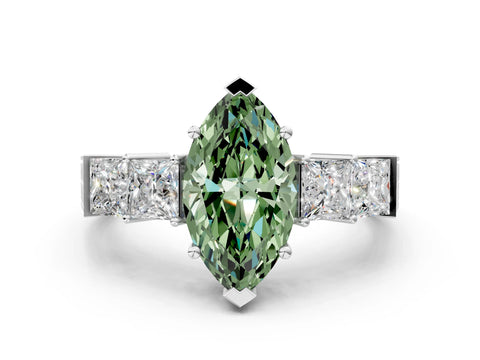 White gold Fancy Green Marquise Cut Solitaire Princess Side Stone Engraved Band Prong Setting Ring_12