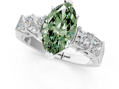 White gold Fancy Green Marquise Cut Solitaire Princess Side Stone Engraved Band Prong Setting Ring_13