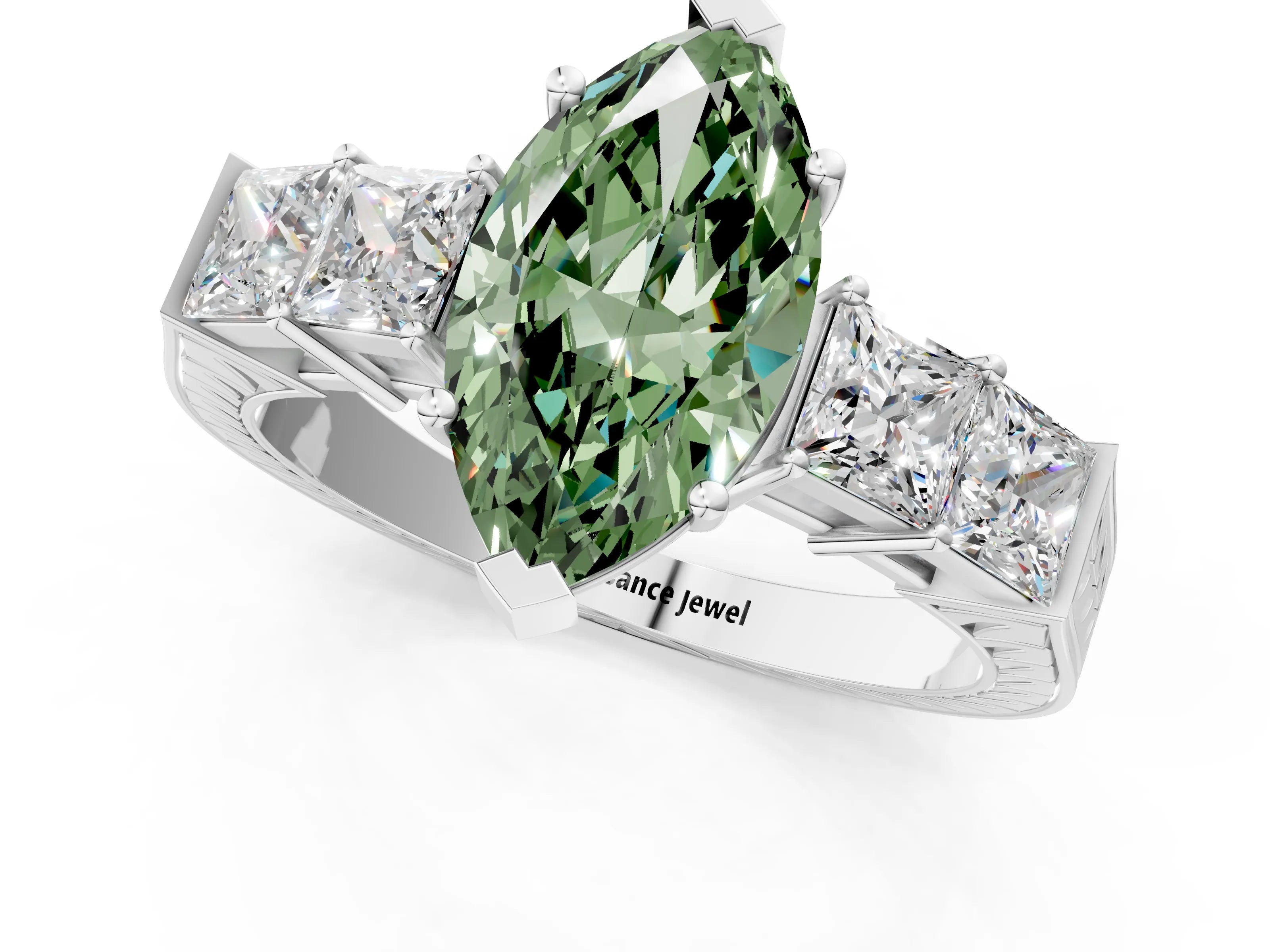White gold Fancy Green Marquise Cut Solitaire Princess Side Stone Engraved Band Prong Setting Ring_13