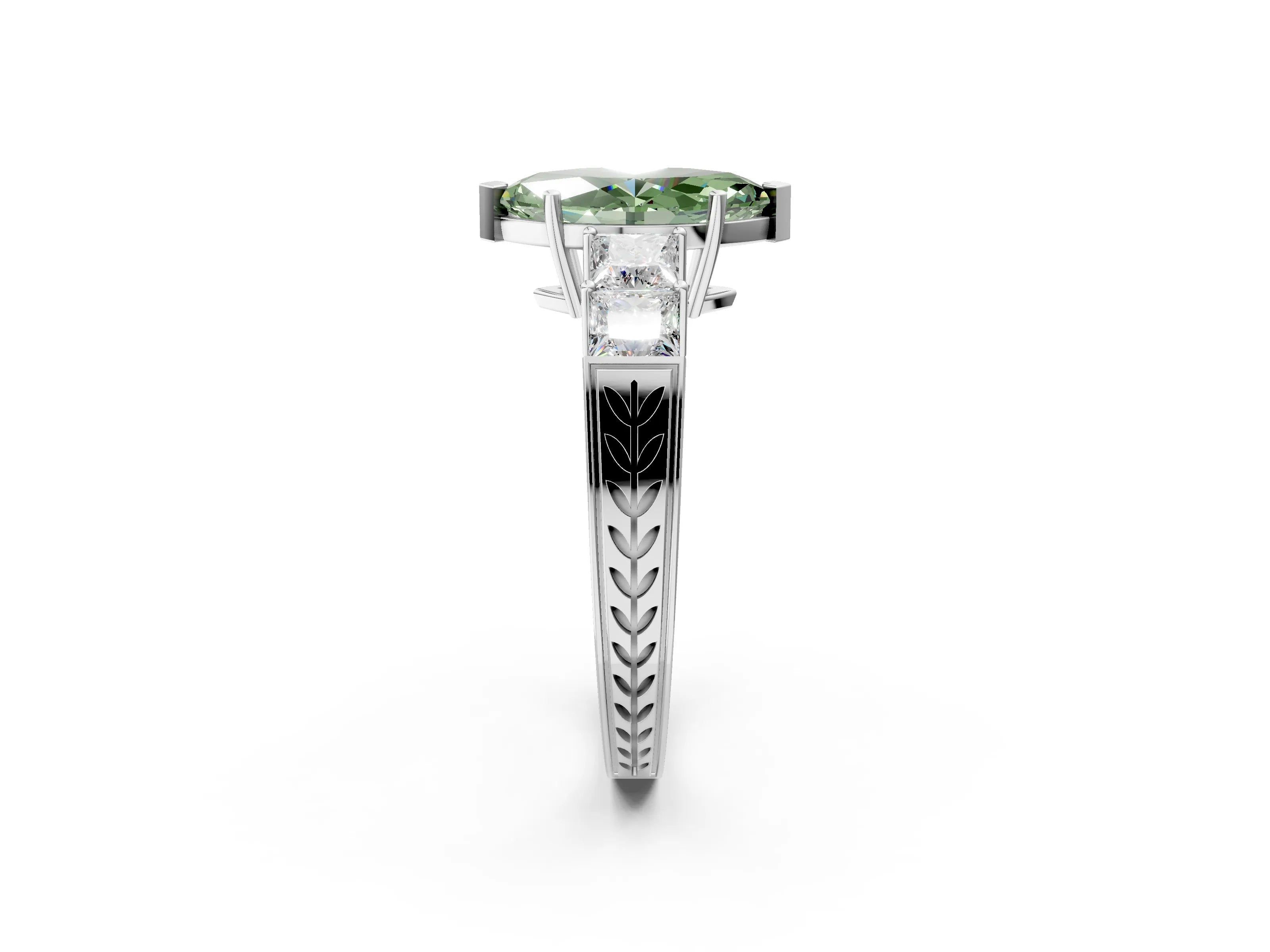 White gold Fancy Green Marquise Cut Solitaire Princess Side Stone Engraved Band Prong Setting Ring_14