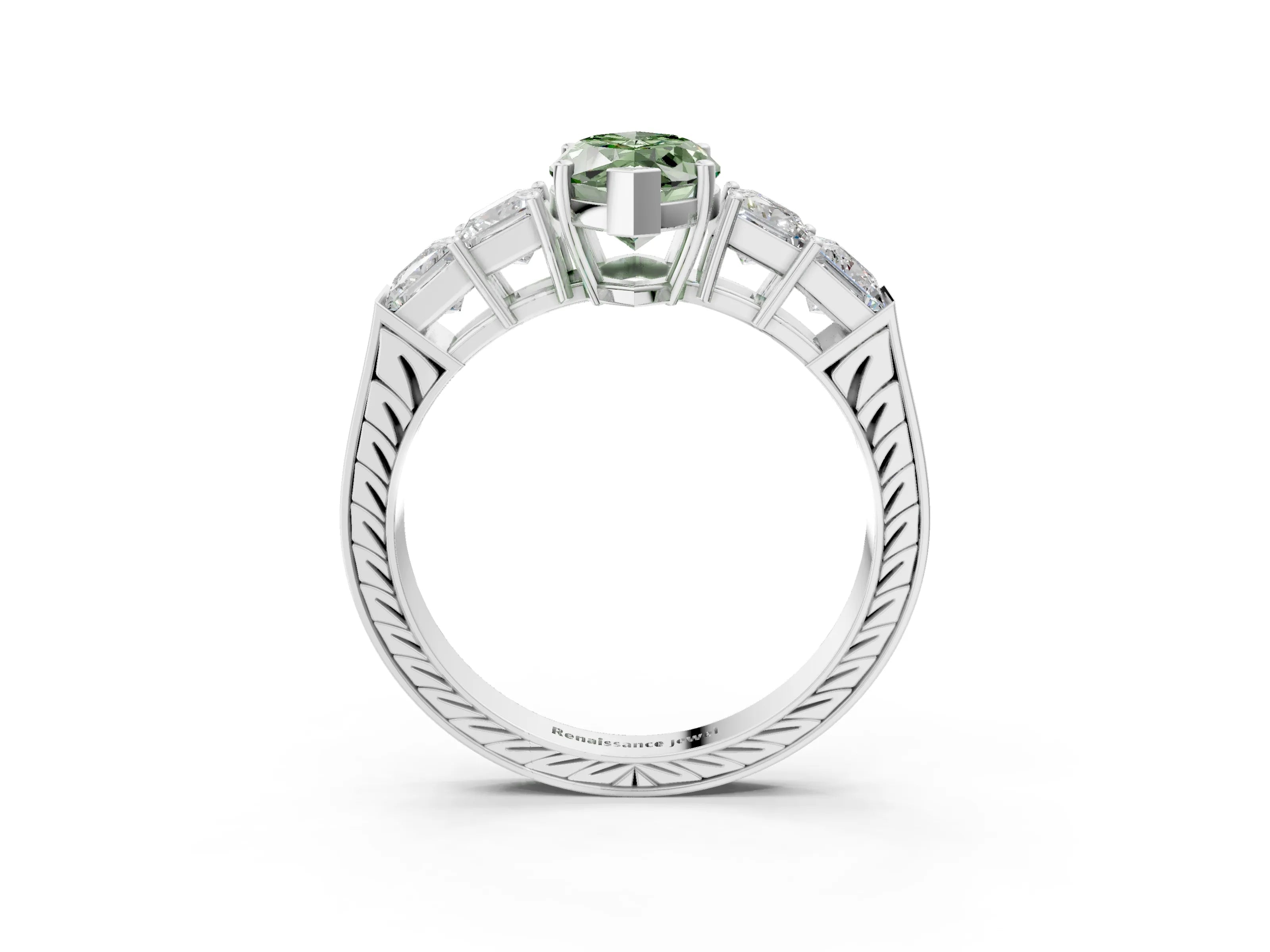 White gold Fancy Green Marquise Cut Solitaire Princess Side Stone Engraved Band Prong Setting Ring_15