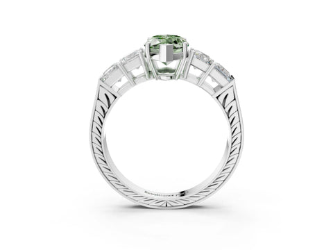 White gold Fancy Green Marquise Cut Solitaire Princess Side Stone Engraved Band Prong Setting Ring_15