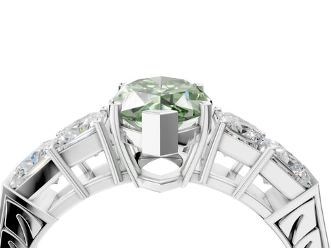 White gold Fancy Green Marquise Cut Solitaire Princess Side Stone Engraved Band Prong Setting Ring_16