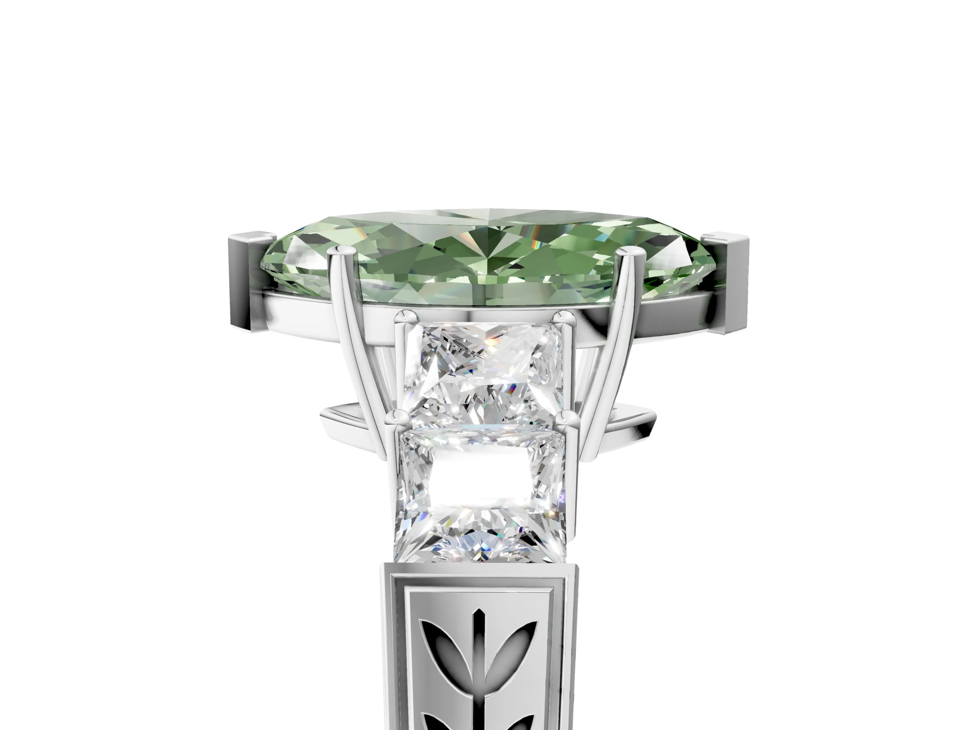 White gold Fancy Green Marquise Cut Solitaire Princess Side Stone Engraved Band Prong Setting Ring_17