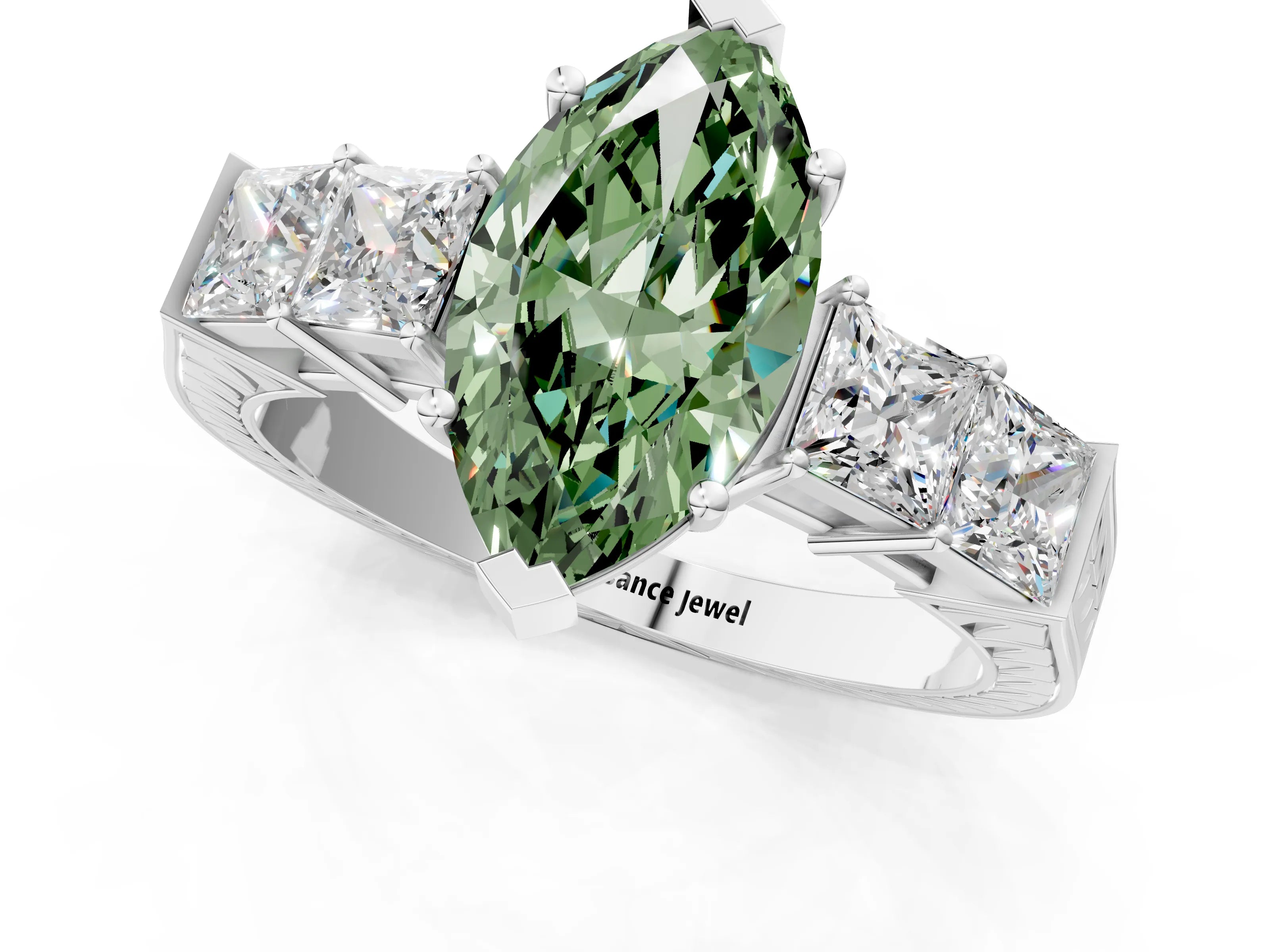 White gold Fancy Green Marquise Cut Solitaire Princess Side Stone Engraved Band Prong Setting Ring_1
