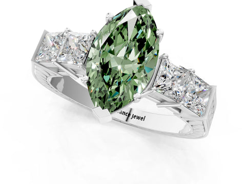 White gold Fancy Green Marquise Cut Solitaire Princess Side Stone Engraved Band Prong Setting Ring_1