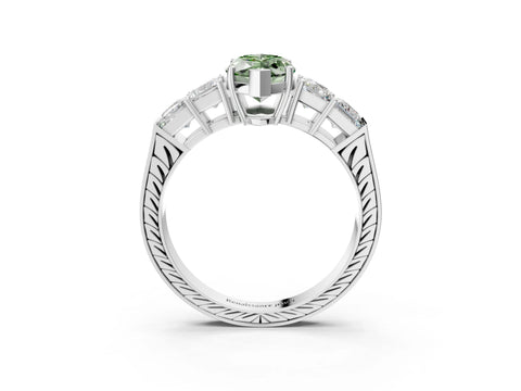 White gold Fancy Green Marquise Cut Solitaire Princess Side Stone Engraved Band Prong Setting Ring_3