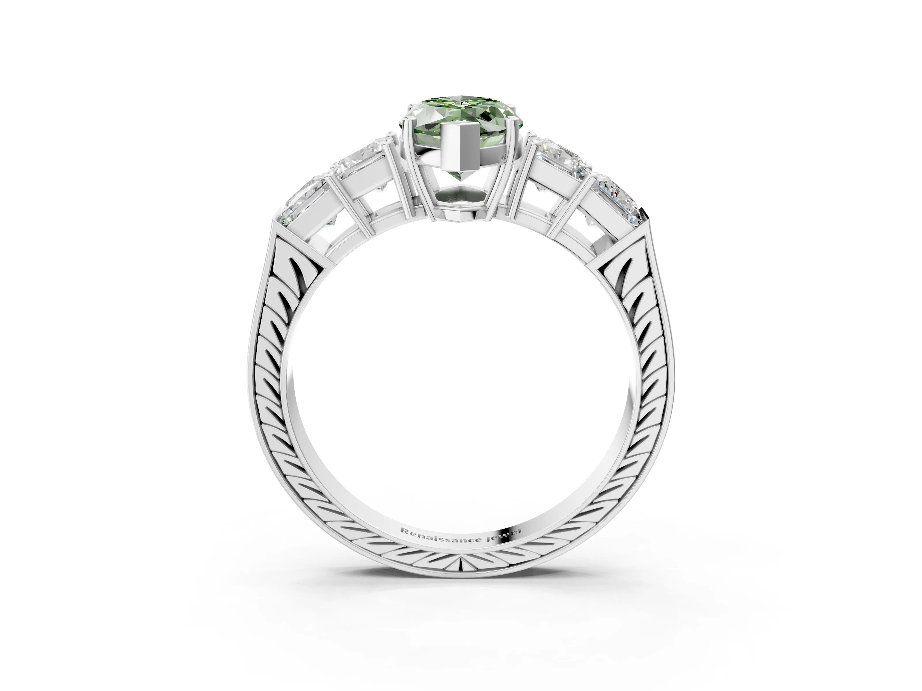 White gold Fancy Green Marquise Cut Solitaire Princess Side Stone Engraved Band Prong Setting Ring_3