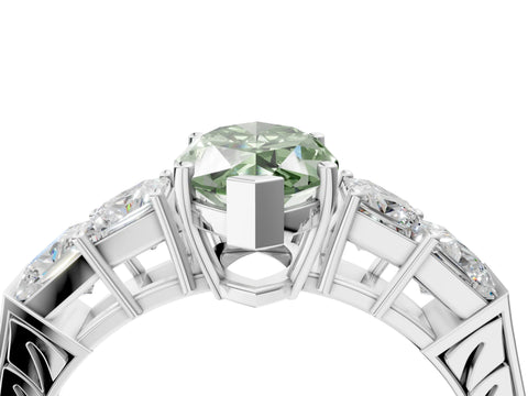 White gold Fancy Green Marquise Cut Solitaire Princess Side Stone Engraved Band Prong Setting Ring_4