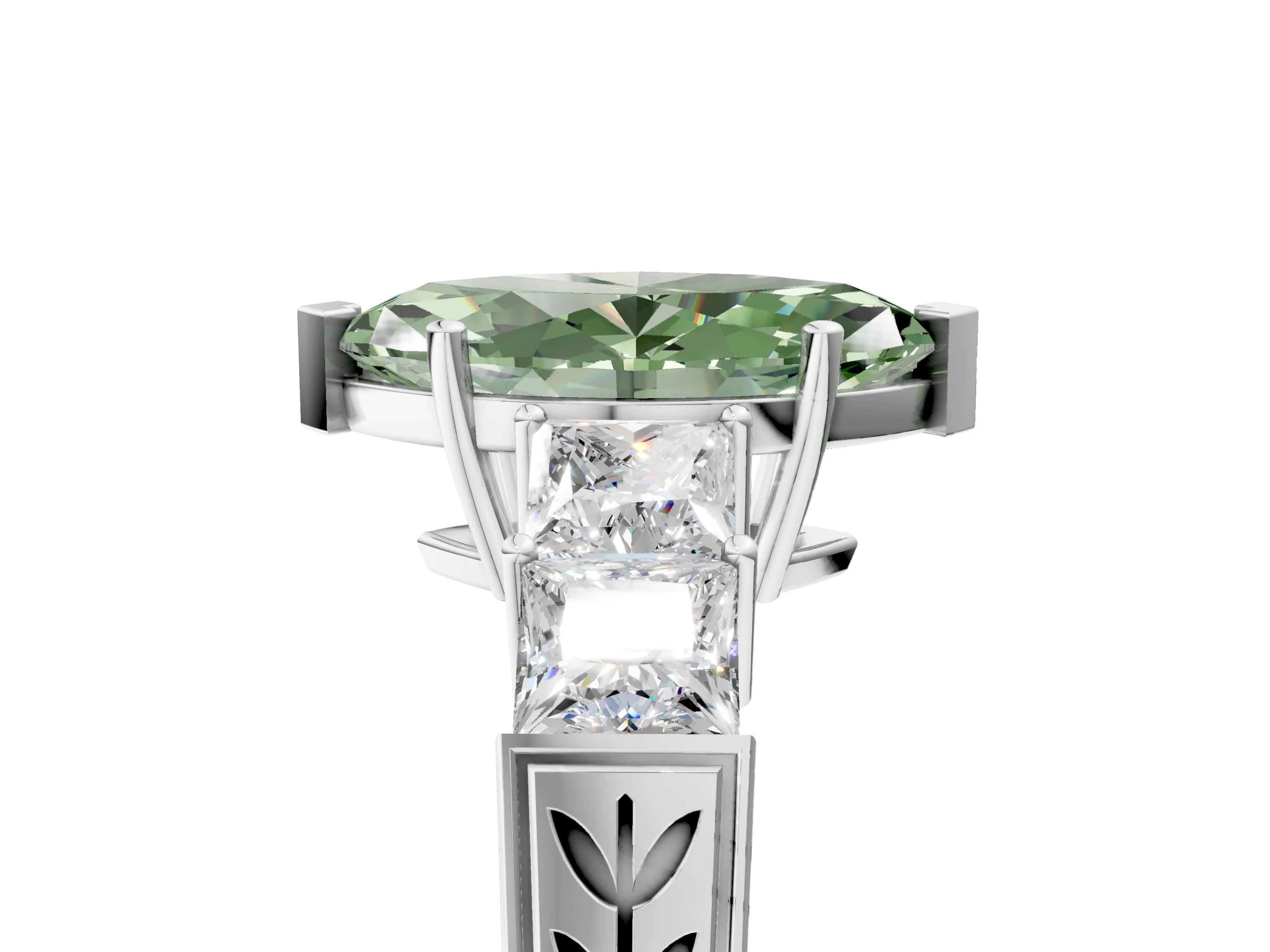 White gold Fancy Green Marquise Cut Solitaire Princess Side Stone Engraved Band Prong Setting Ring_5