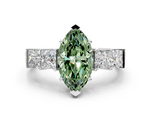 White gold Fancy Green Marquise Cut Solitaire Princess Side Stone Engraved Band Prong Setting Ring