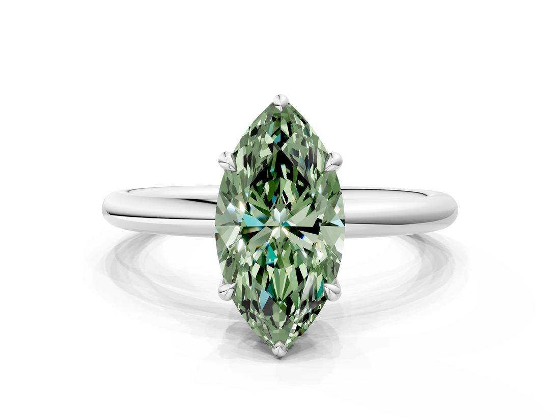 White gold Fancy Green Marquise  Cut Solitaire Ring with Thin Band and Four-Prong Setting_16