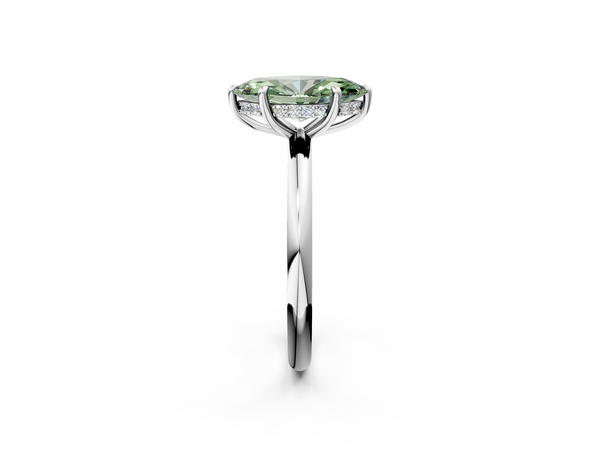 White gold Fancy Green Marquise Cut Diamond Solitaire Ring with Thin Band and Four-Prong Setting
