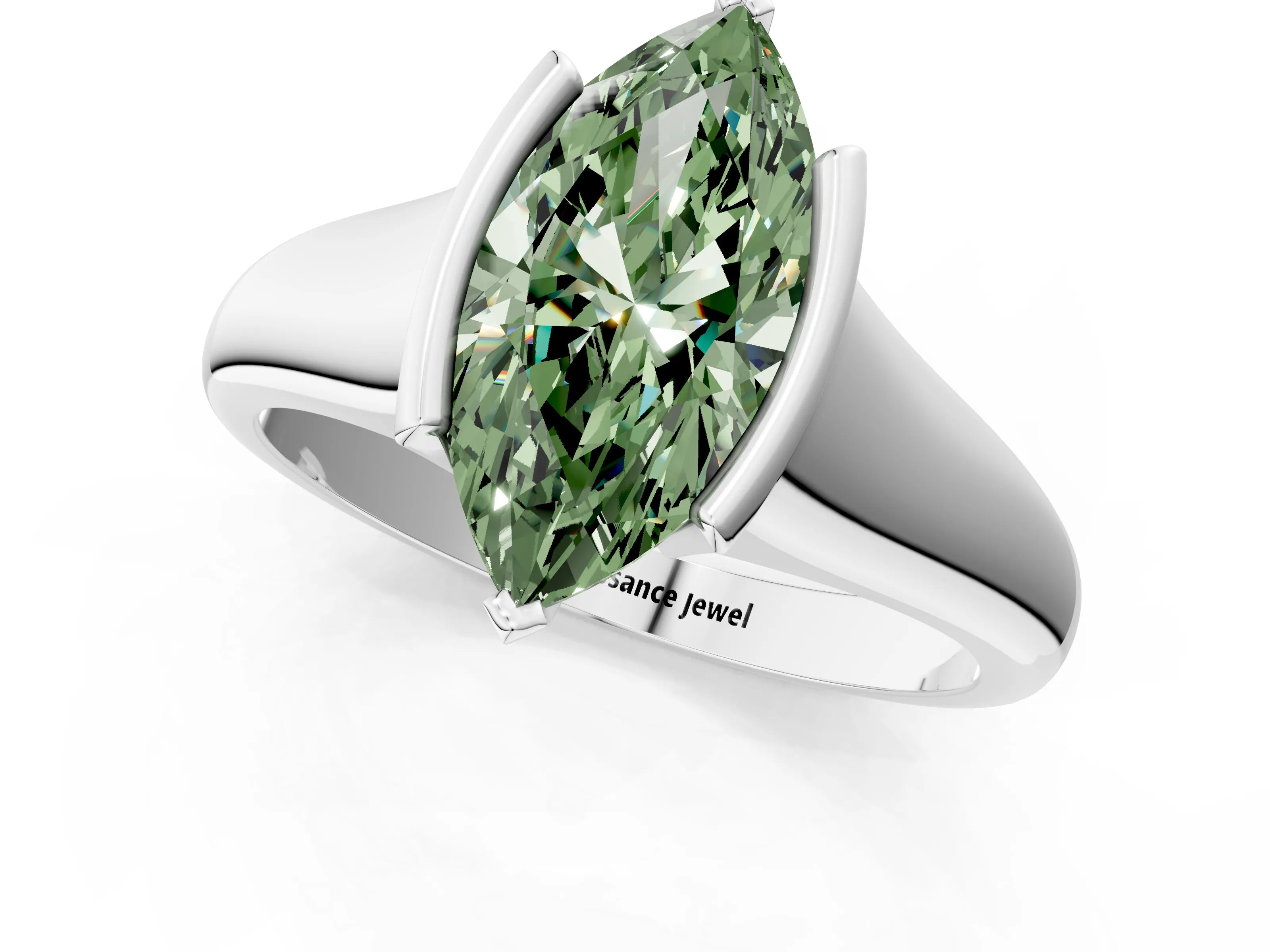 White gold Fancy Green Marquise Cut Solitaire Tension Set Diamond Ring with Split Shank Band_1