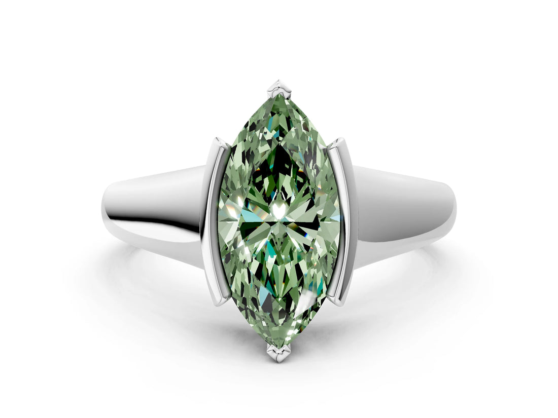White gold Fancy Green Marquise Cut Solitaire Tension Set Diamond Ring with Split Shank Band_24