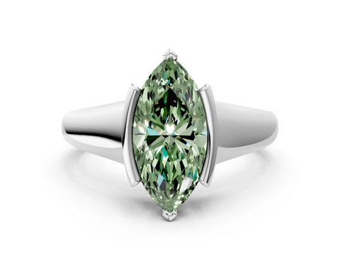 White gold Fancy Green Marquise Cut Solitaire Tension Set Diamond Ring with Split Shank Band