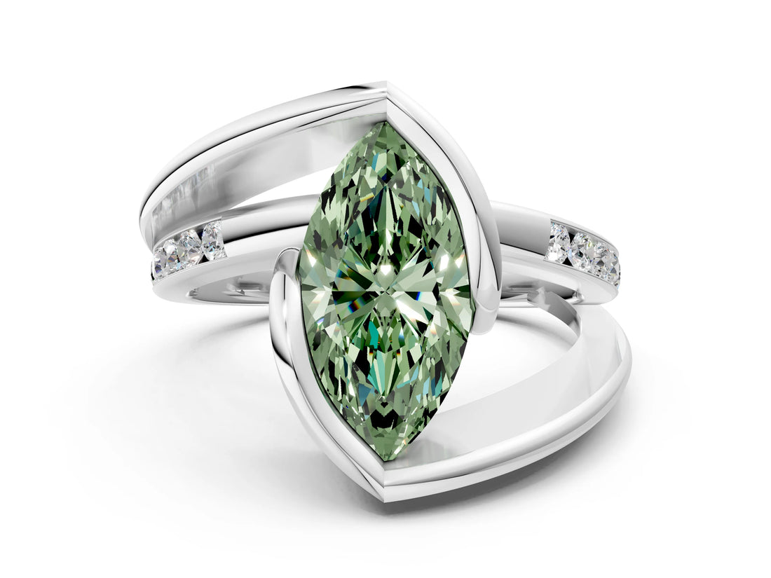 White gold Fancy Green Marquise Cut Solitaire Tension-Set Diamond Split Shank Ring
