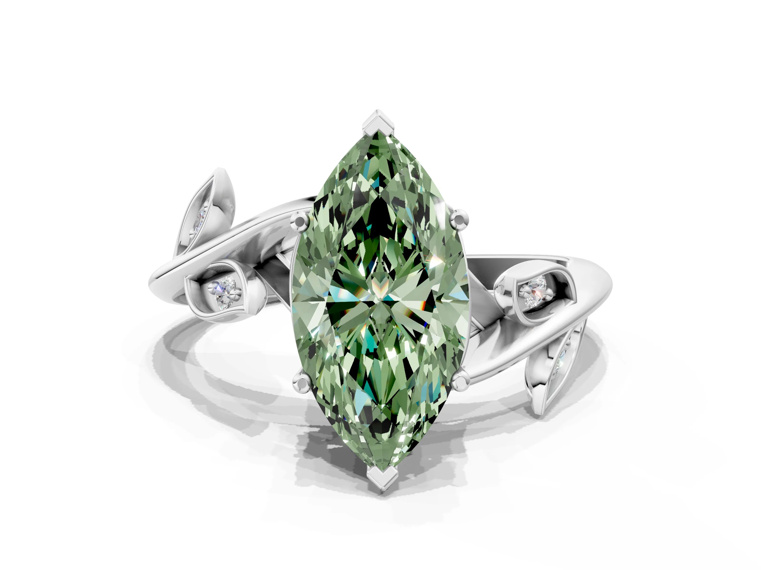 White gold Fancy Green Marquise Cut Solitaire Twist Engagement Ring with Leaf Accents and Prong Setting