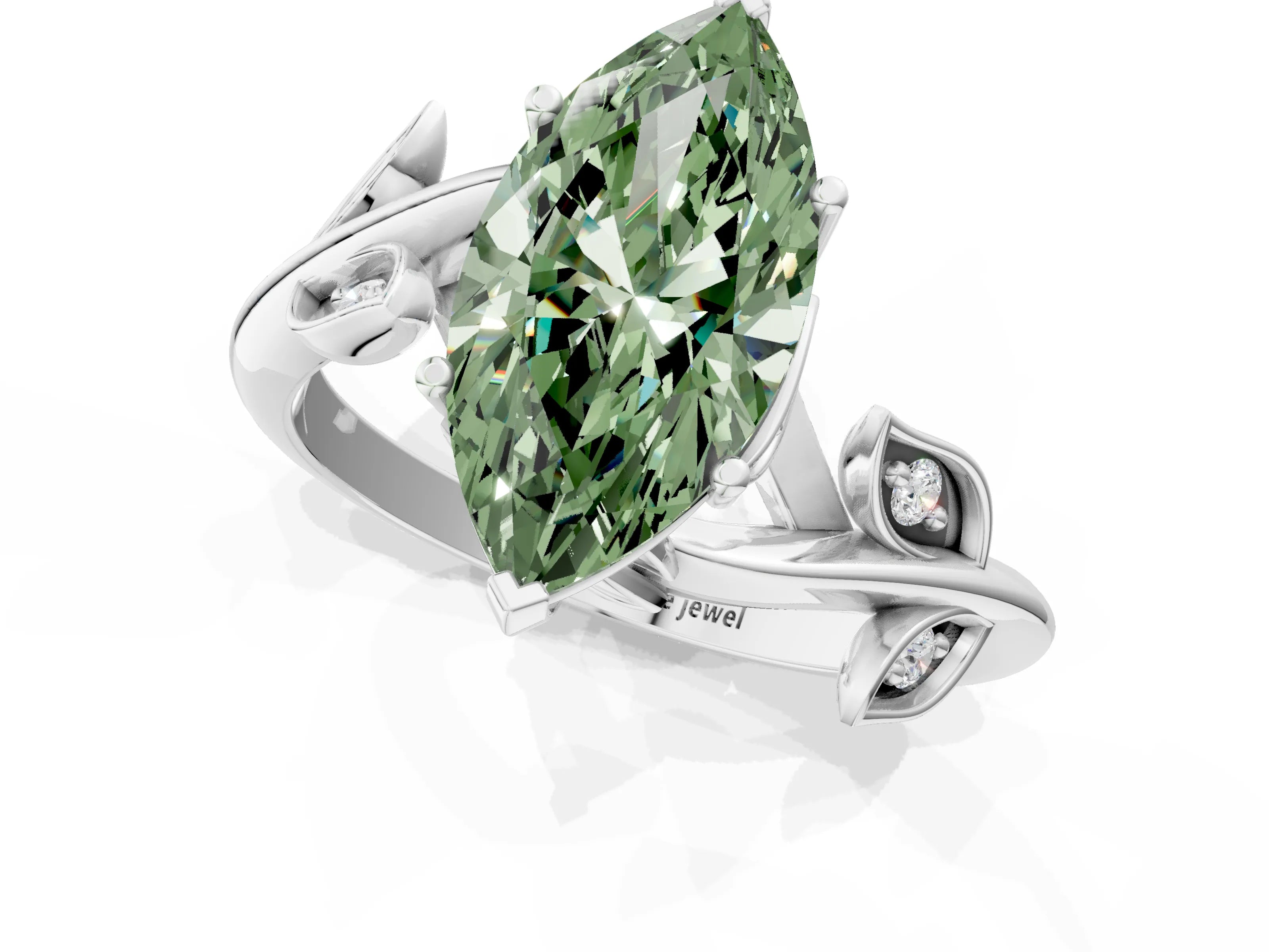White gold Fancy Green Marquise Cut Solitaire Twist Engagement Ring with Leaf Accents and Prong Setting_1