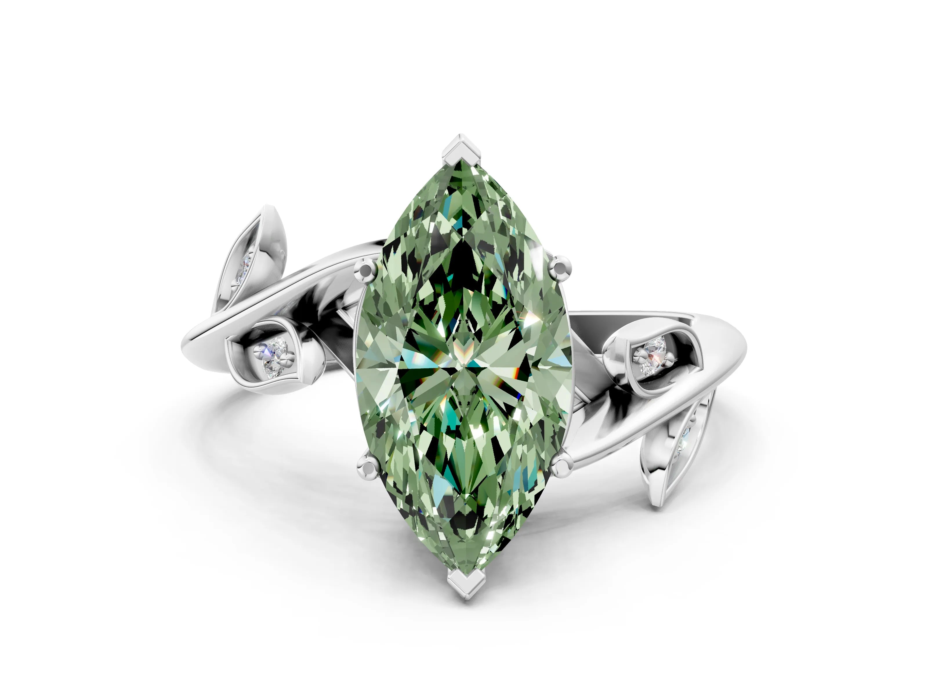 White gold Fancy Green Marquise Cut Solitaire Twist Engagement Ring with Leaf Accents and Prong Setting_12