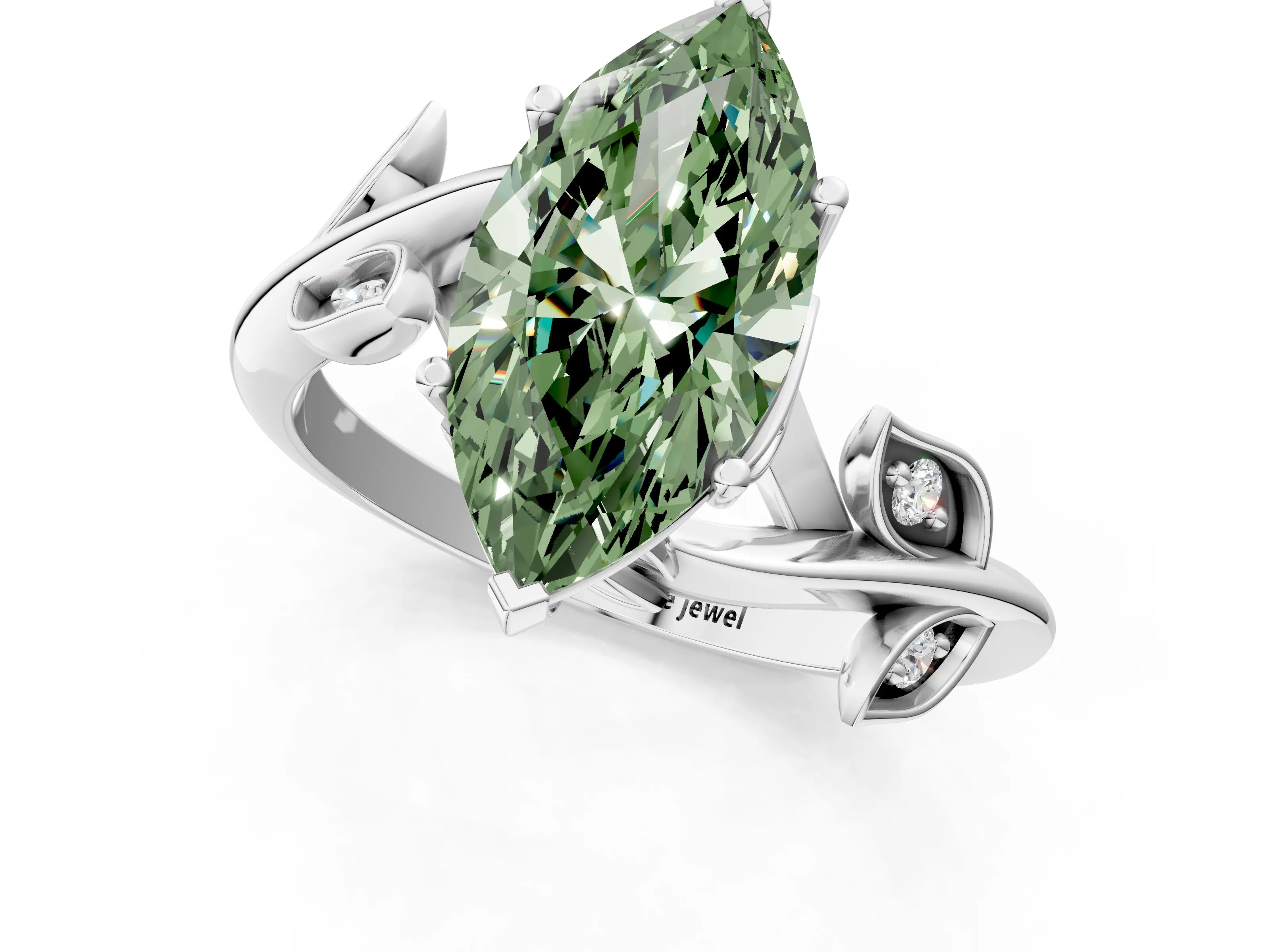 White gold Fancy Green Marquise Cut Solitaire Twist Engagement Ring with Leaf Accents and Prong Setting_13