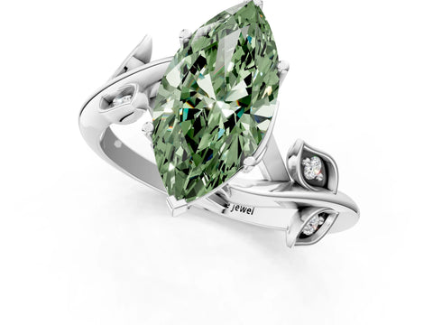 White gold Fancy Green Marquise Cut Solitaire Twist Engagement Ring with Leaf Accents and Prong Setting_13