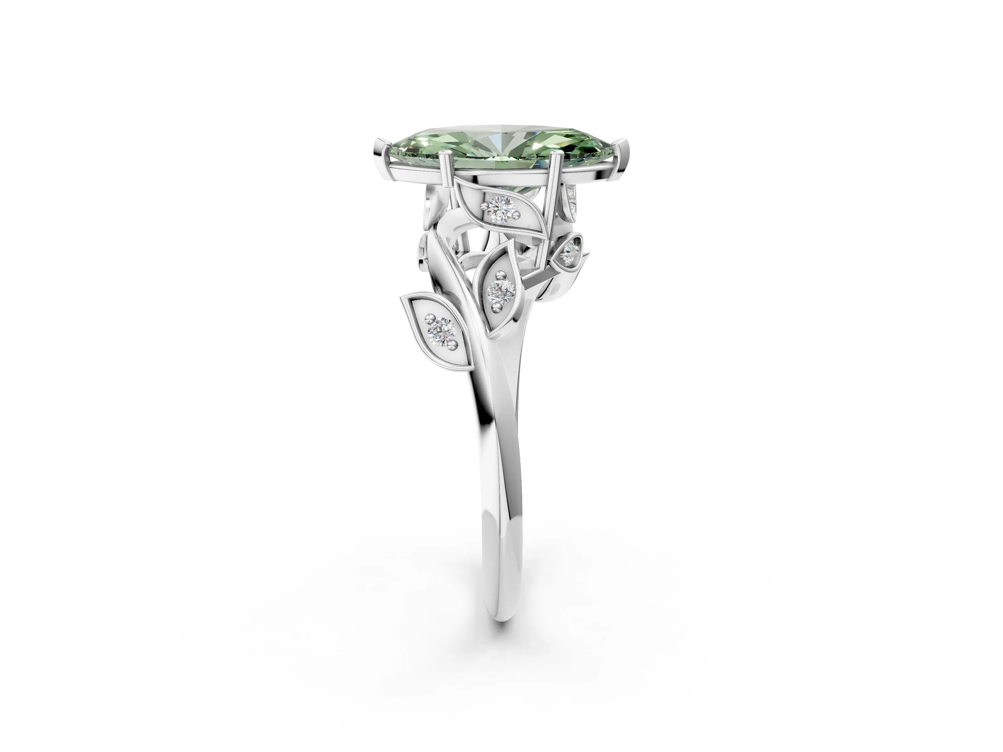 White gold Fancy Green Marquise Cut Solitaire Twist Engagement Ring with Leaf Accents and Prong Setting_14