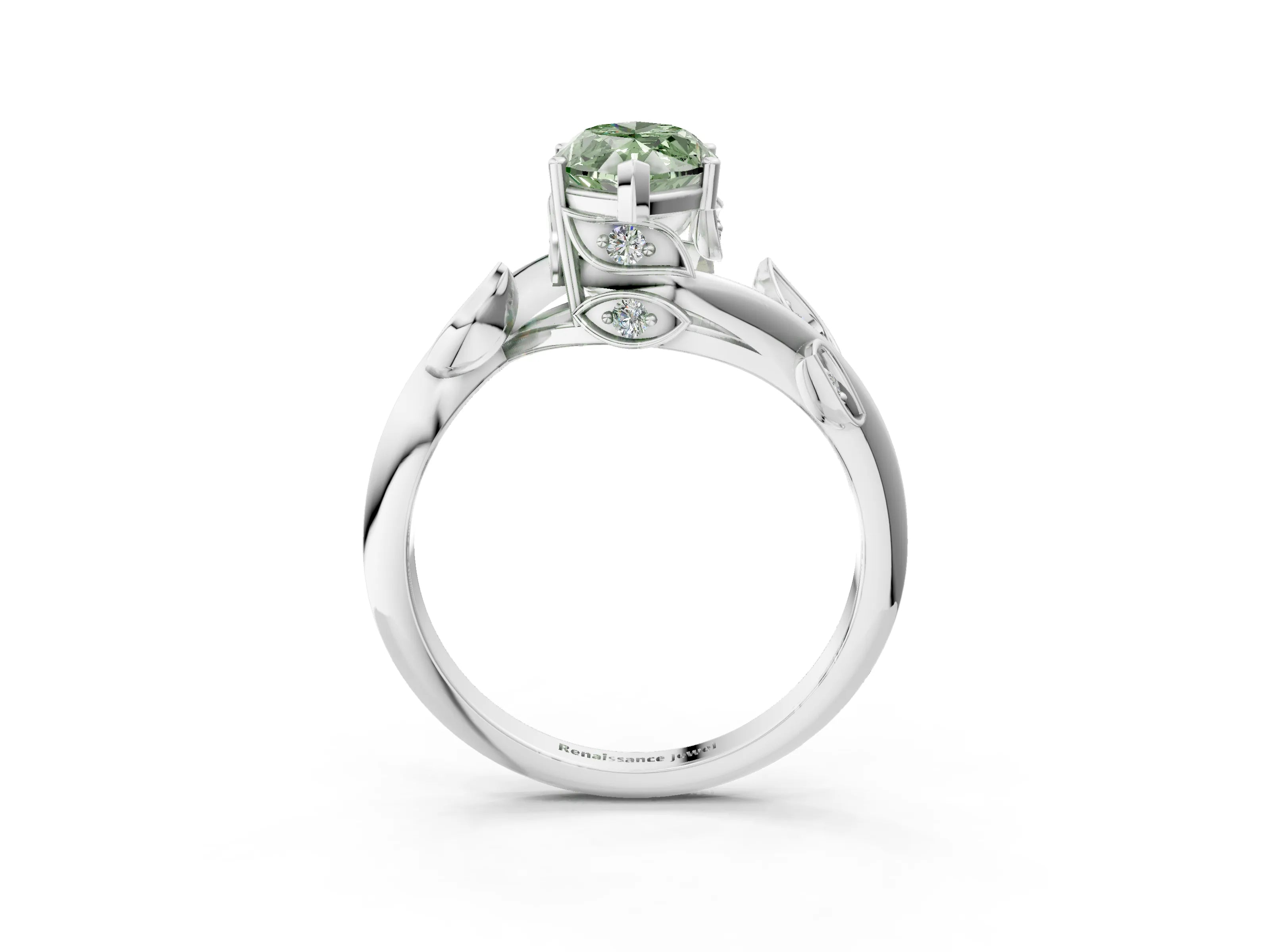 White gold Fancy Green Marquise Cut Solitaire Twist Engagement Ring with Leaf Accents and Prong Setting_15