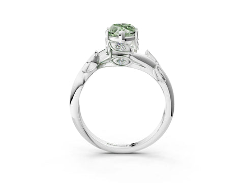 White gold Fancy Green Marquise Cut Solitaire Twist Engagement Ring with Leaf Accents and Prong Setting_15