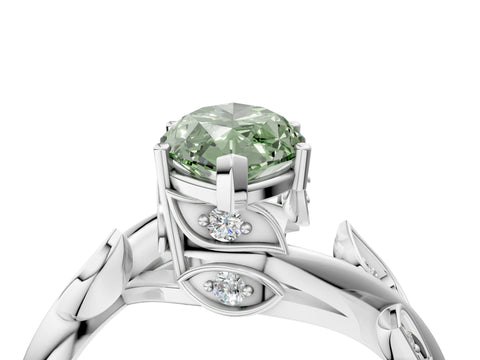 White gold Fancy Green Marquise Cut Solitaire Twist Engagement Ring with Leaf Accents and Prong Setting_16