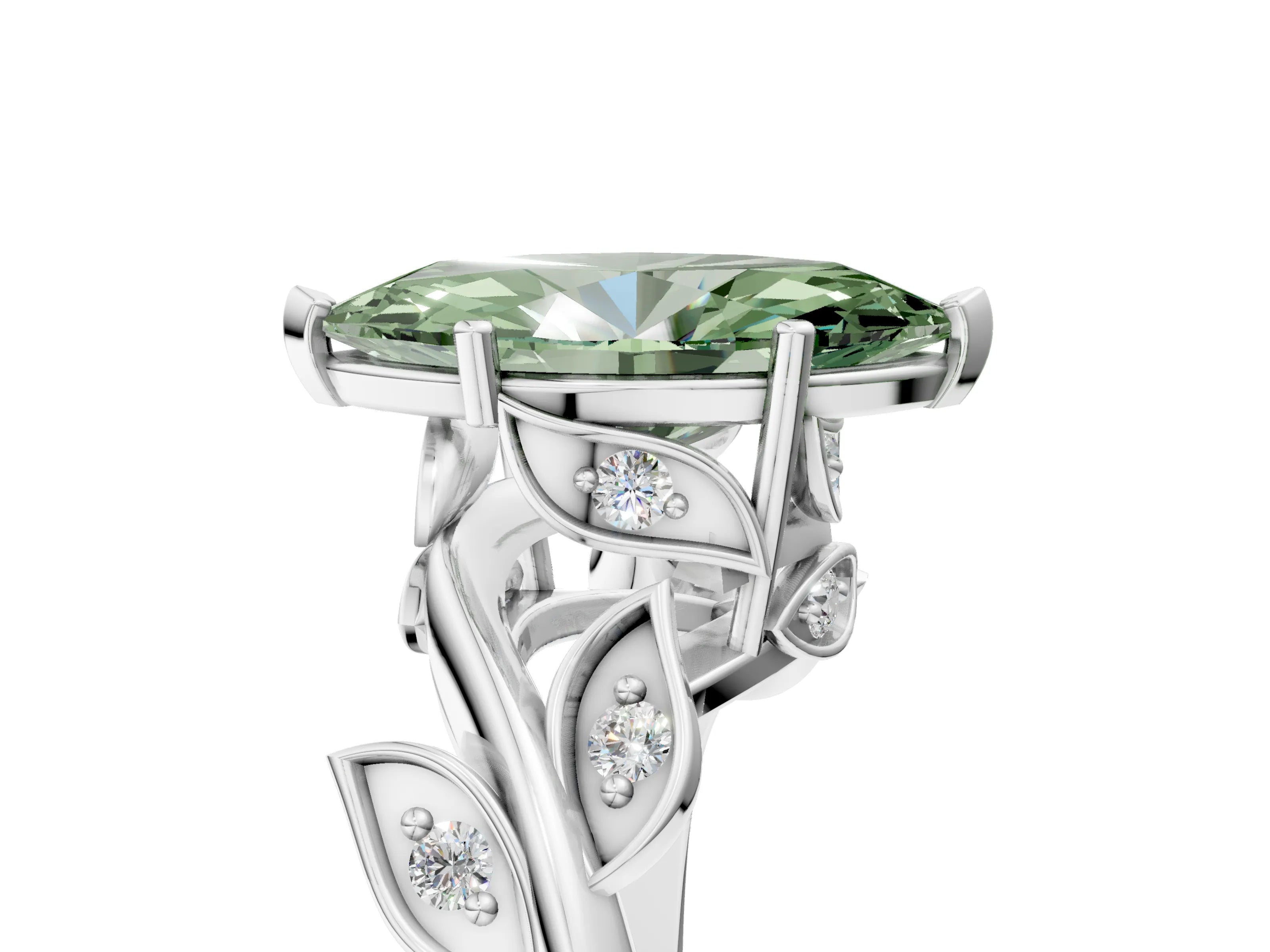 White gold Fancy Green Marquise Cut Solitaire Twist Engagement Ring with Leaf Accents and Prong Setting_17