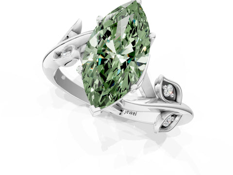 White gold Fancy Green Marquise Cut Solitaire Twist Engagement Ring with Leaf Accents and Prong Setting_1