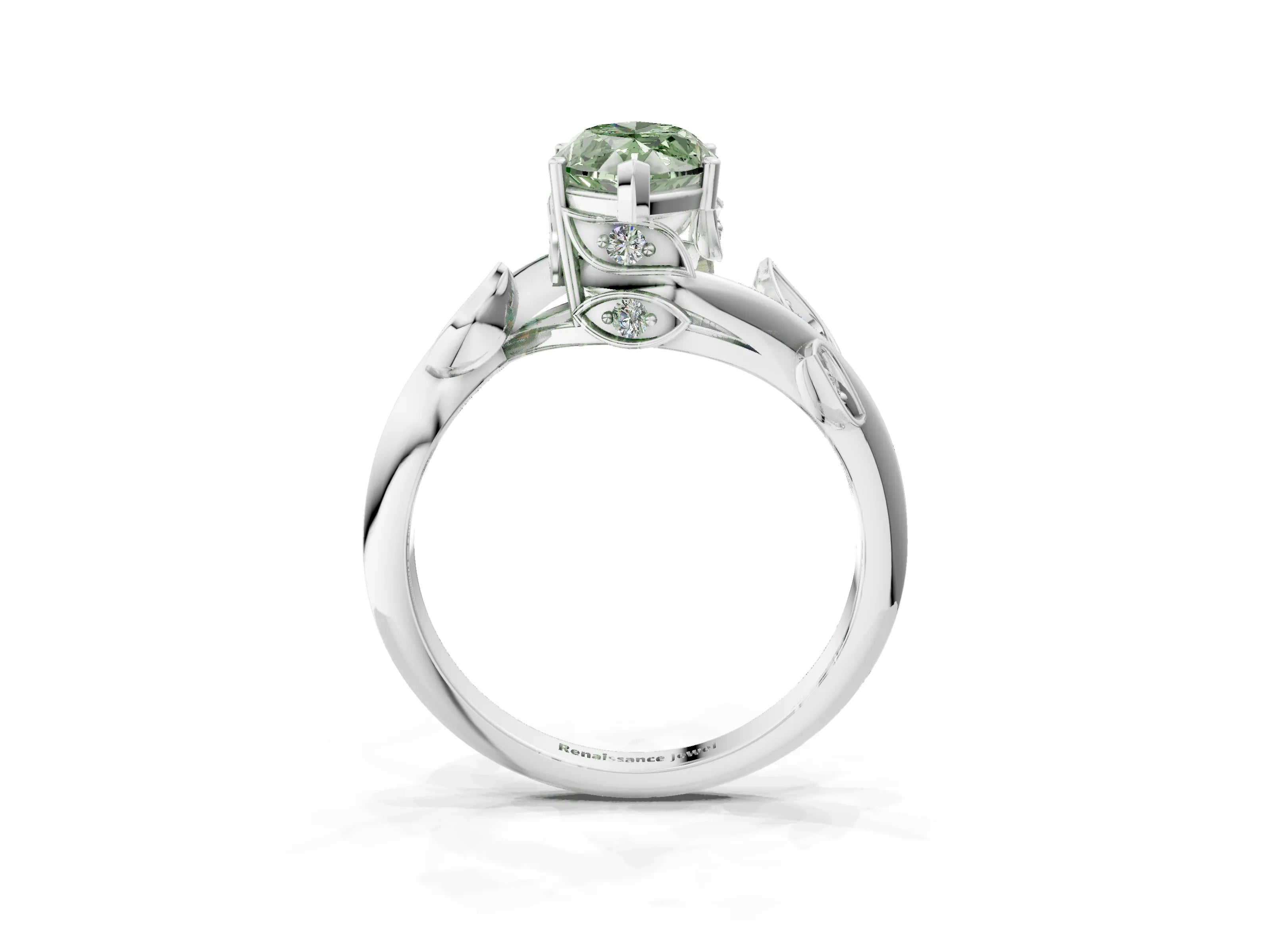White gold Fancy Green Marquise Cut Solitaire Twist Engagement Ring with Leaf Accents and Prong Setting_3