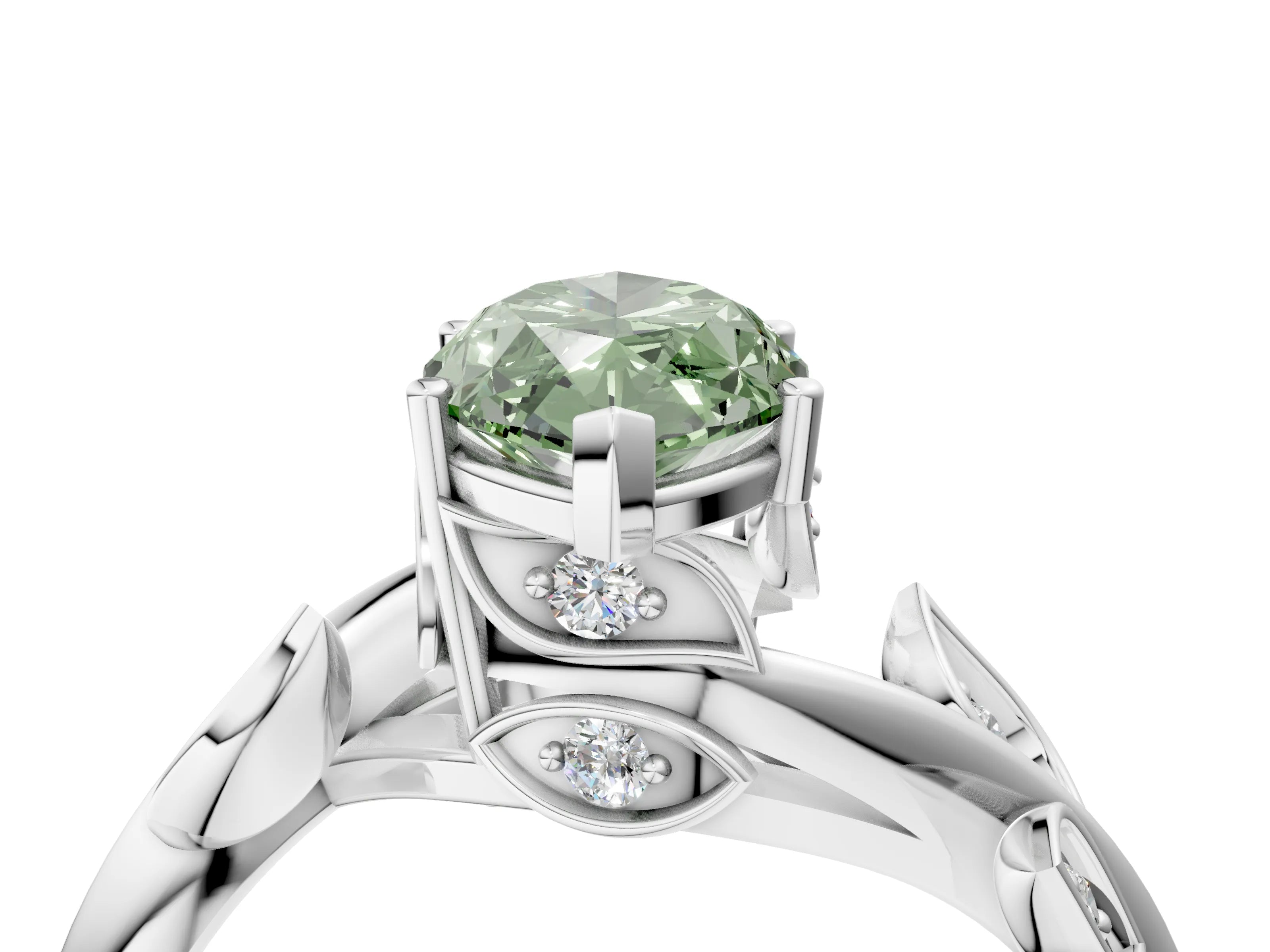 White gold Fancy Green Marquise Cut Solitaire Twist Engagement Ring with Leaf Accents and Prong Setting_4
