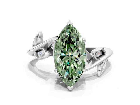 White gold Fancy Green Marquise Cut Solitaire Twist Engagement Ring with Leaf Accents and Prong Setting