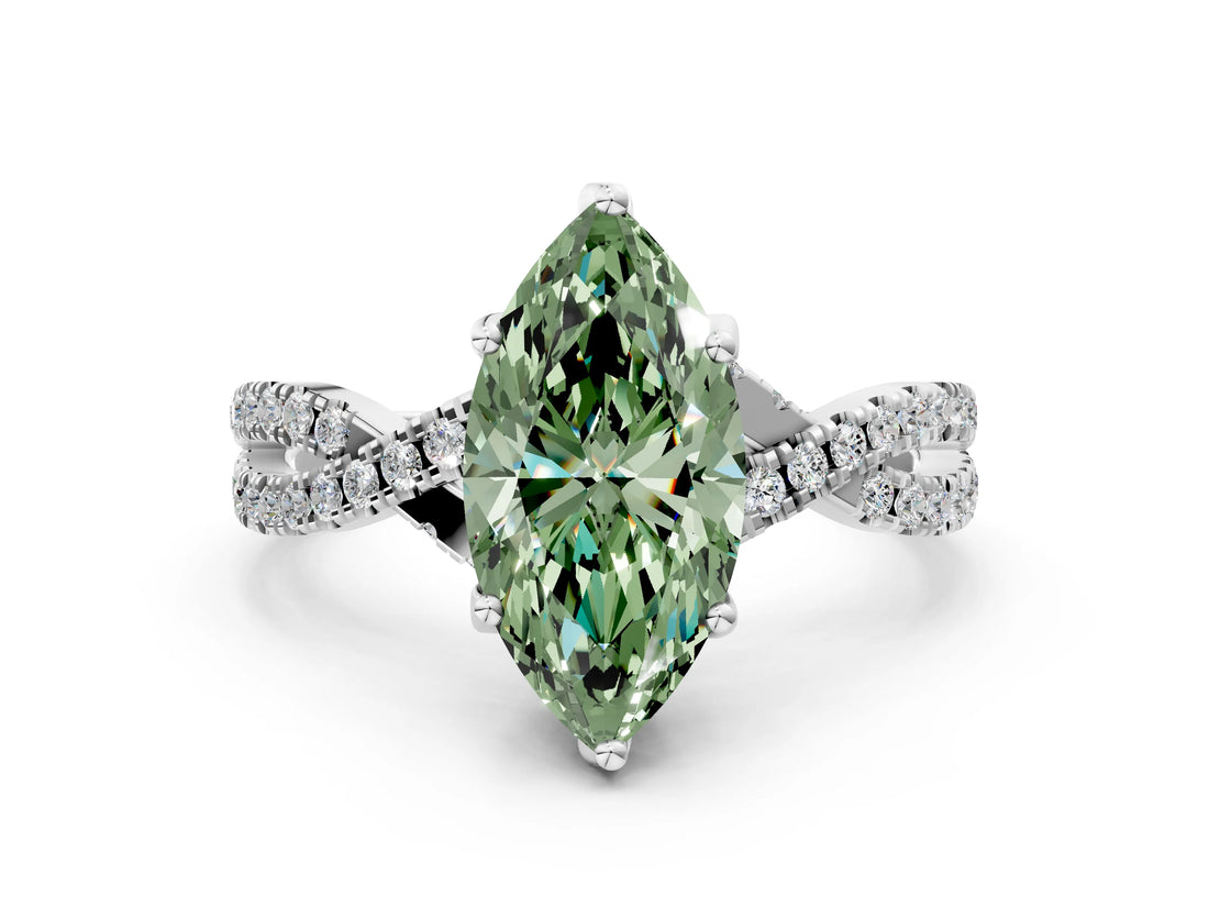 White gold Fancy Green Marquise Cut Solitaire Twist Pave Diamond Engagement Ring with Prong Setting