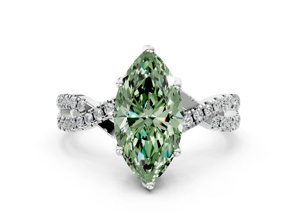 Platinum Fancy Green Marquise Cut Solitaire Twist Pave Diamond Engagement Ring with Prong Setting